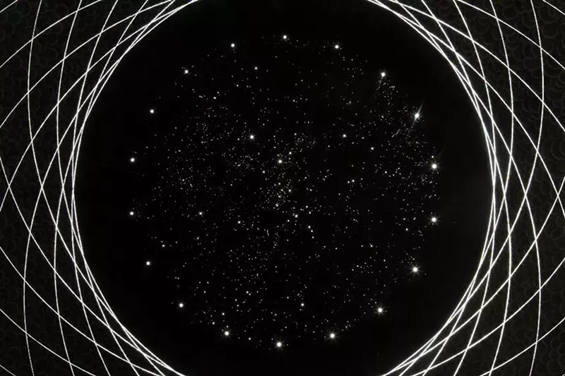 Image: Detailed look at Carol Prusa's Nebula, silverpoint, graphite, and acrylic on acrylic.