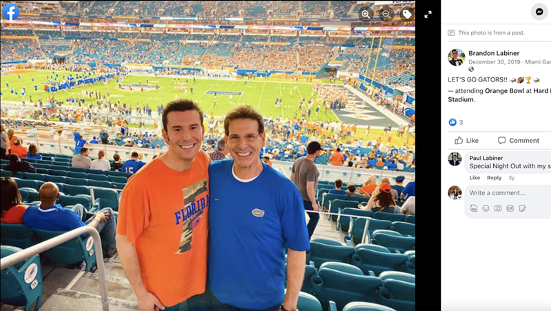 Image: A photo posted on Facebook in 2019 shows Brandon Labiner and his father, Paul Labiner, at the Orange Bowl.
