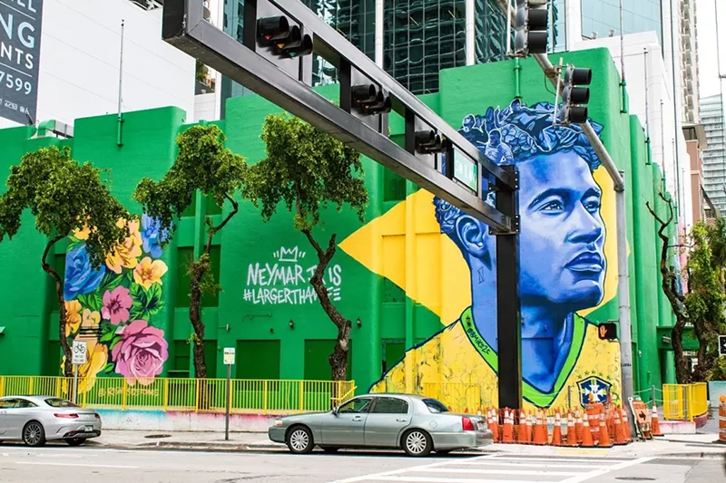 Image: Brandan Odums' mural of Brazilian soccer icon Neymar, commissioned by Bleacher Report, went up on the corner of SW Eighth Street and SW First Avenue in Brickell before the 2018 World Cup.