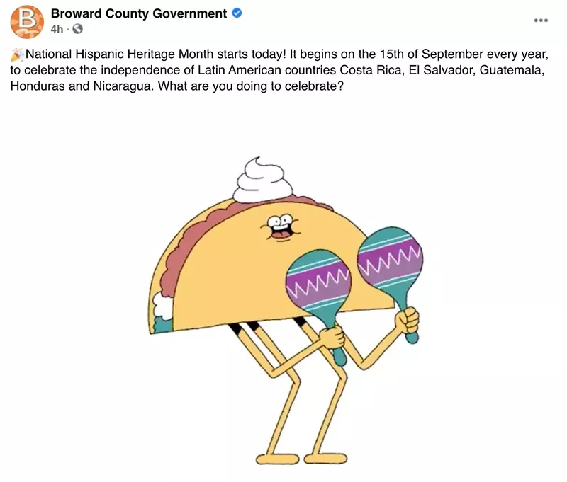 Image: On the first day of Hispanic Heritage Month, the Broward County Government pages on Twitter and Facebook posted an ethnically insensitive gif, inviting ire from South Florida Latinos.