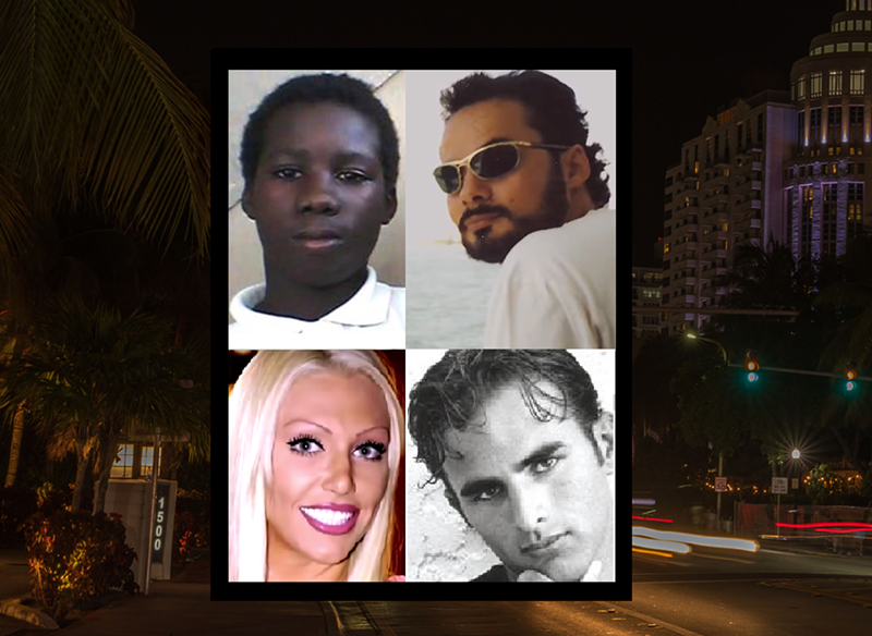 Image: Four victims of homicides in South Florida depicted in a collage, set against the background of a Miami cityscape