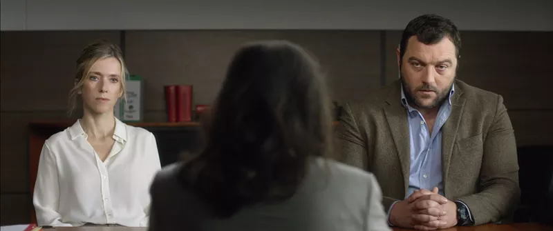 Image: Lea Drucker (left) and Denis Ménochet play an estranged married couple presenting their respective arguments before a judge in Xavier Legrand’s Custody.