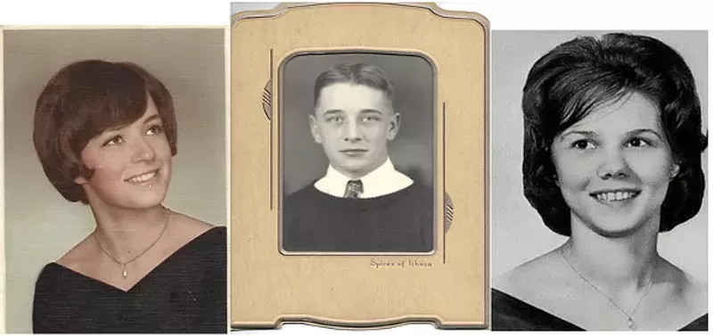 Image: Christine Courtwright on her graduation day (left), her father's photo is in the center, and her half-sister is on the right.