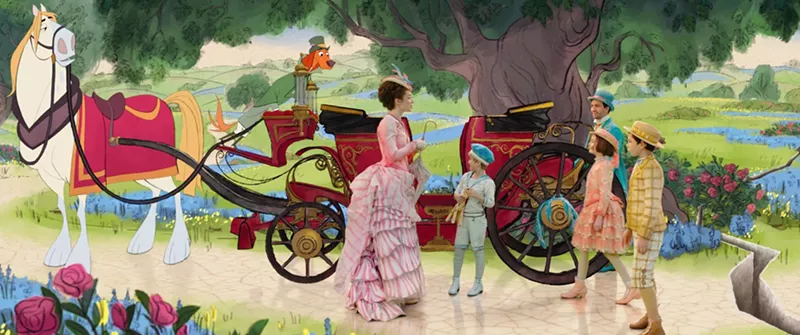 Image: The cast of Rob Marshall’s Mary Poppins Returns includes Emily Blunt (middle) in the title role as a crisply officious wonderment of a nanny, and Lin-Manuel Miranda (back right) playing a chip-chip lamplighter named Jack.