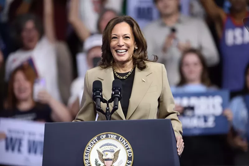 Image: Kamala Harris addresses the crowd at an August 9, 2024 campaign rally at Desert Diamond Arena in Glendale, Arizona.