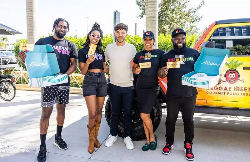 Image: Formula 1 Driver Pierre Gasly delivers invites to Italian Vice and Reggae Beets owners for this year's Miami Grand Prix.