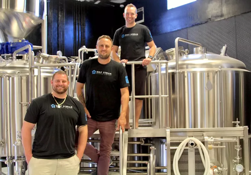 Image: Gulf Stream Brewing will open Saturday, September 22 with head brewer Mike Demetrus (center) alongside founders Ty Eriks (left) and McKay Ferrell (right).