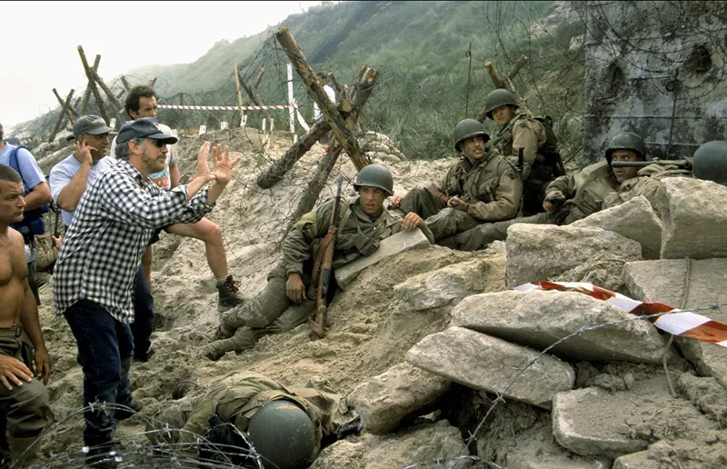 Image: On the set of Saving Private Ryan in 1997, director Steven Spielberg consults with actors Vin Diesel, Barry Pepper, Adam Goldberg and Tom Sizemore.