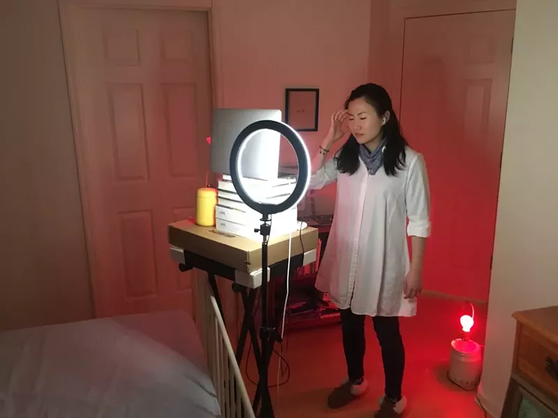 Image: Actor Barbie Wu rehearses from her home in Portland.