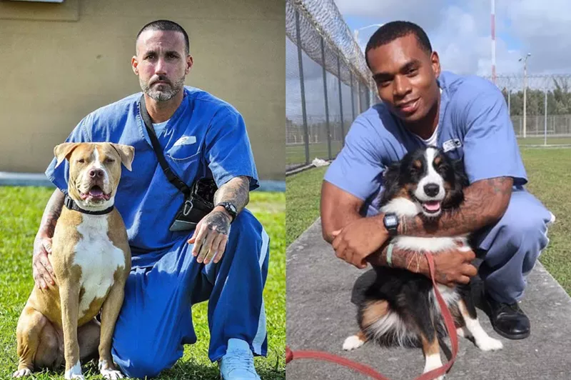 Image: Trainers Pete (left) and Oscar (right) with their dogs, Gauge and Duke
