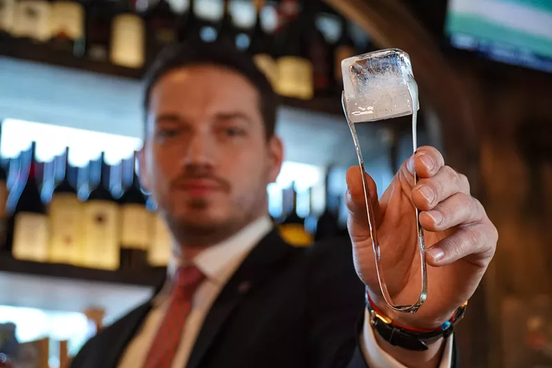 Image: Beverage director Ervin Machado shows one of the varieties of ice used in the cocktails at the Big Time's eateries.