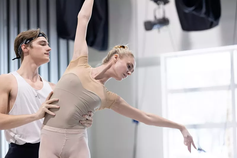 Image: Cameron Catazaro and Hannah Fischer rehearsing Paganini, In Play, which will be presented as part of Miami City Ballet's "Winter Mix."