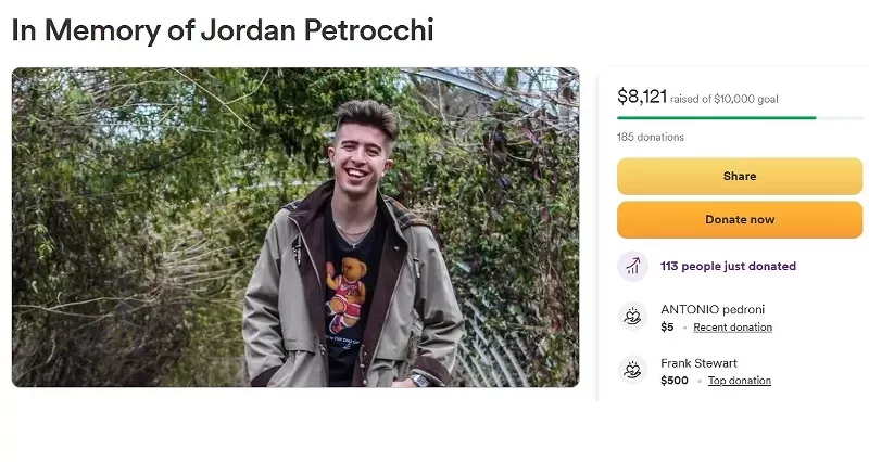 Image: The GoFundMe page had nearly reached its goal three days after Jordan Petrocchi's passing.