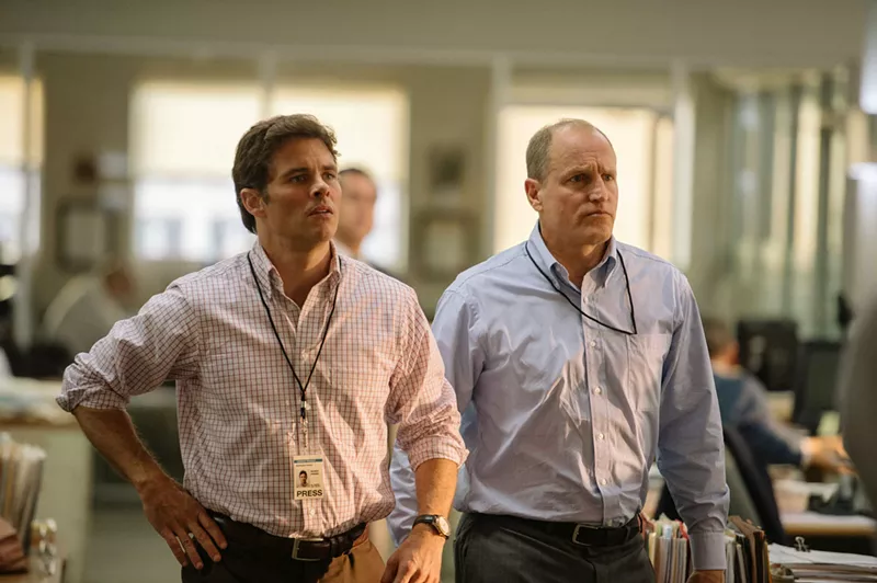 Image: Woody Harrelson (right) plays Jonathan Landay and James Marsden is Warren Strobel in Rob Reiner's Shock and Awe, the story of two crusading Knight Ridder reporters who aim to expose lies during George W. Bush’s presidency.