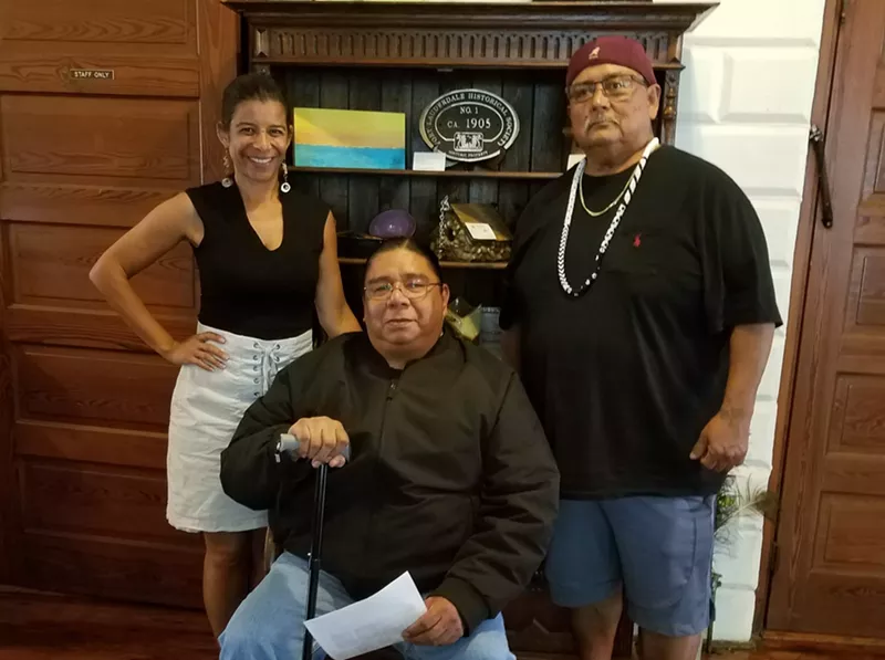 Image: Seminole Art Scene From the Frontlines co-curators Tara A. Chadwick (left) Elgin Jumper (center) and artist Jimmy Osceola (right).