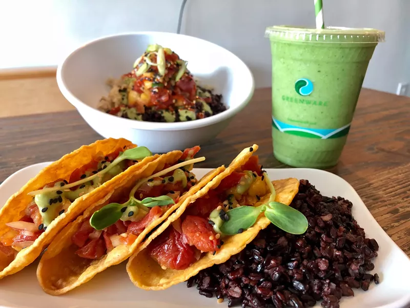 Image: Tomato poke tacos made with vegan ahi tuna. Yeah, you read that right - vegan ahi tuna!