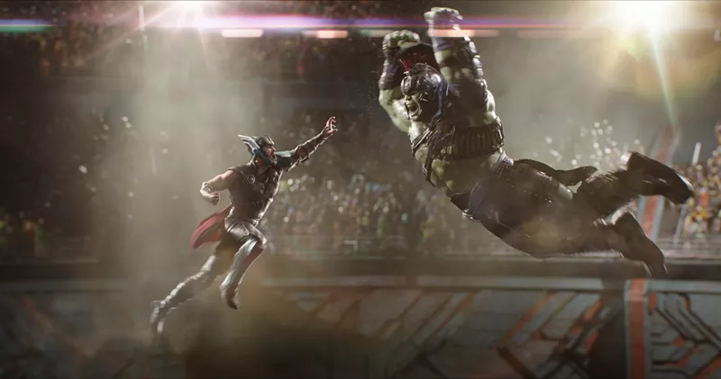 Image: Deprived of his all-powerful hammer, Thor (Chris Hemsworth, left) is forced into gladiatorial combat against his old friend the Hulk (Mark Ruffalo) in Marvel's Thor: Ragnarok.