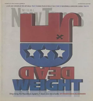 a tabloid weekly newspaper cover featuring an illustration of an upside-down red, white, and blue elephant and the headline "Dead Weight"