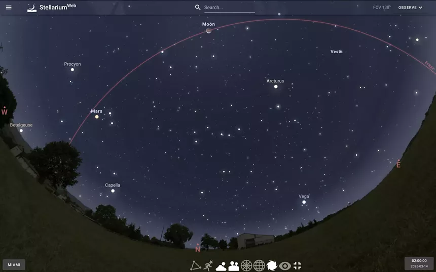 a simulation of the onset of the full lunar eclipse of March 13-14, 2025, as viewed from Miami, FL USA